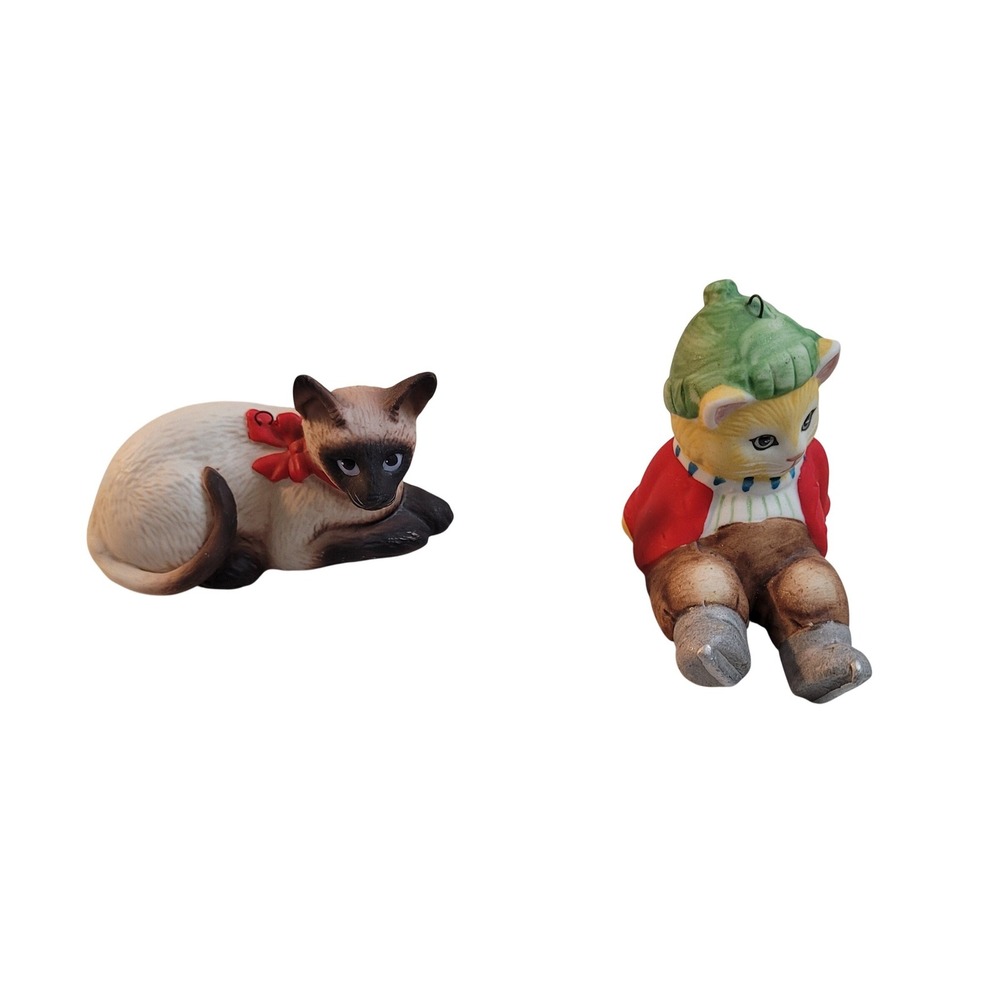 Schmid Kitty Cucumber & Siamese Cat Figurines Vintage 1984 Porcelain Set 2 Multi